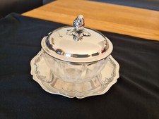 Marmeladendose aus Kristallglas mir Deckel und Untersetzer aus Sterlingsilber 