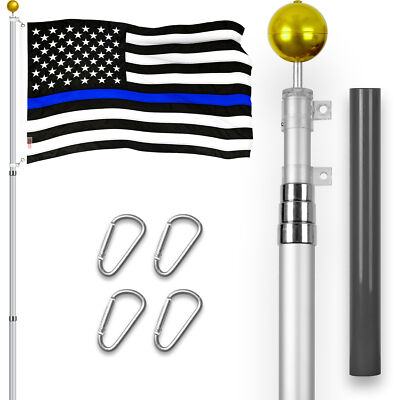 Combo: 16 Ft Telescoping Flagpole Silver & Thin Blue Line Flag 3x5 Ft Emb 210