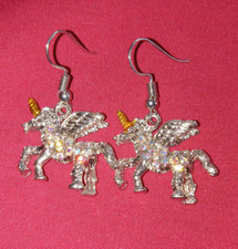 Unicorn Pegasus, Drop Dangle Pierced Earring, Gold Silverplated AB Rhinestones