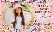 Personalised Birthday Backdrop Background pink flower woman girl kids Party