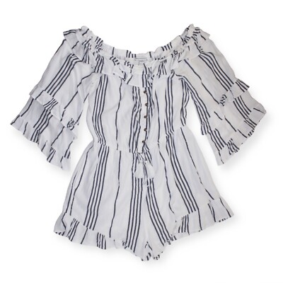 American Eagle AEO Womens Romper Size Large Gray/Off WhiteStriped Flounce Lined