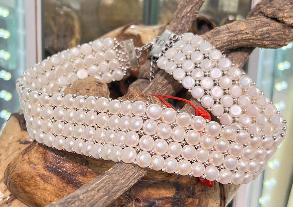 Gargantilla collar de perlas de agua dulce con botones naturales en capas de plata de ley 925.