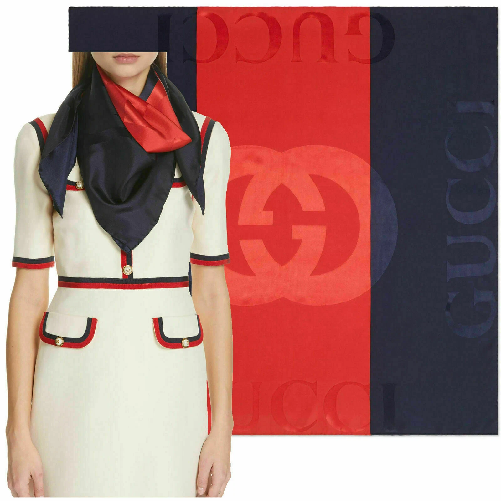 FOULARD GUCCI BLEU ROUGE WEB GG LOGO IMPRIMÉ JACQUARD SOIE SERGÉ FOULARD 35