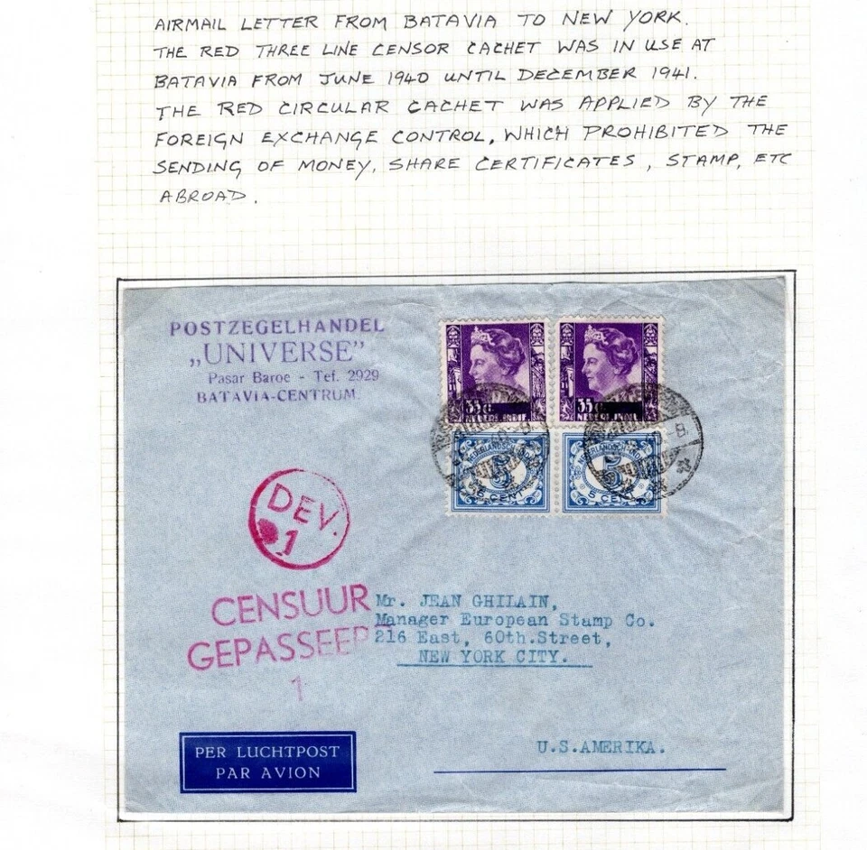 DUTCH EAST INDIES WW2 Cover 1940 Air Mail Batavia Censor *DEV/1* USA NYC DL82 - Image 2 of 4