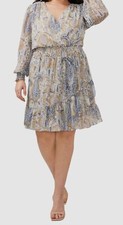 Vince Camuto Womens Blue Printed Smocked-Waist Ruffled Dress Plus Size 1X