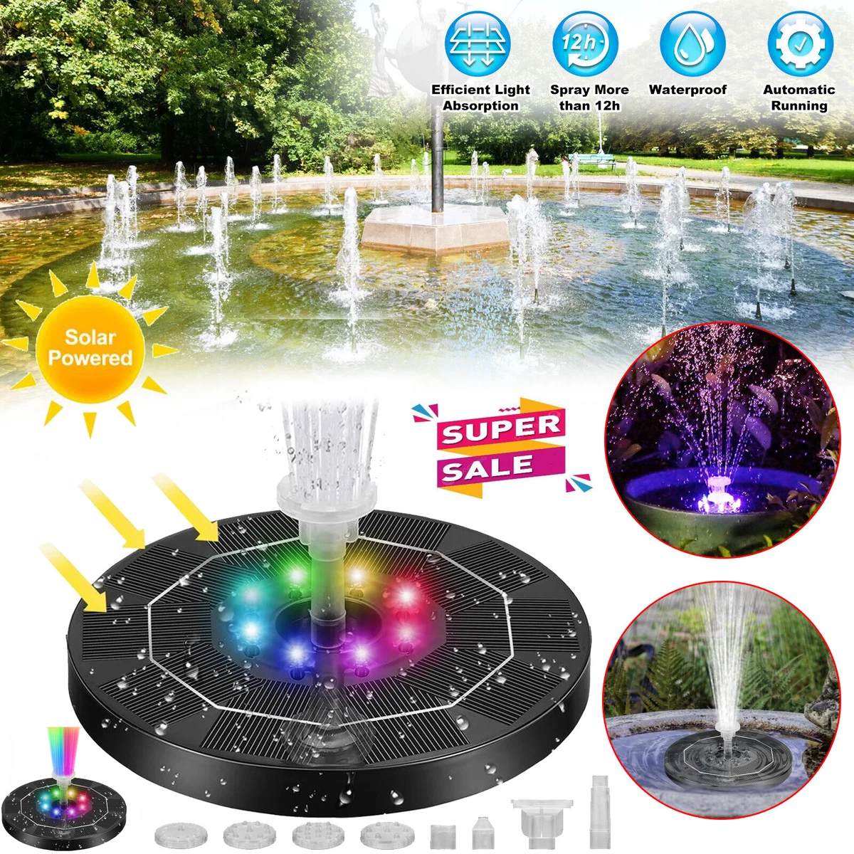 Solar Power Water Pump With LED Light Battery Garden Outdoor Pond Fountain  Pool | eBay