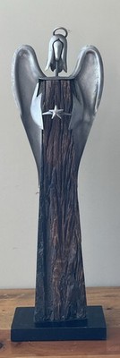 Rustic Brown Wooden and Silver Metal Angel Statue/Figurine 22  Tall