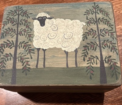 Hand-Painted Box Sheep Folk Art Farmhouse Country