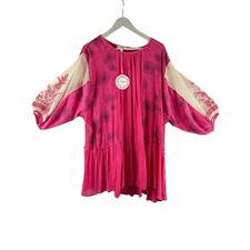NWT Umgee Pink Boho Floral Embroidered Mesh Sleeve Babydoll Dress Womens L