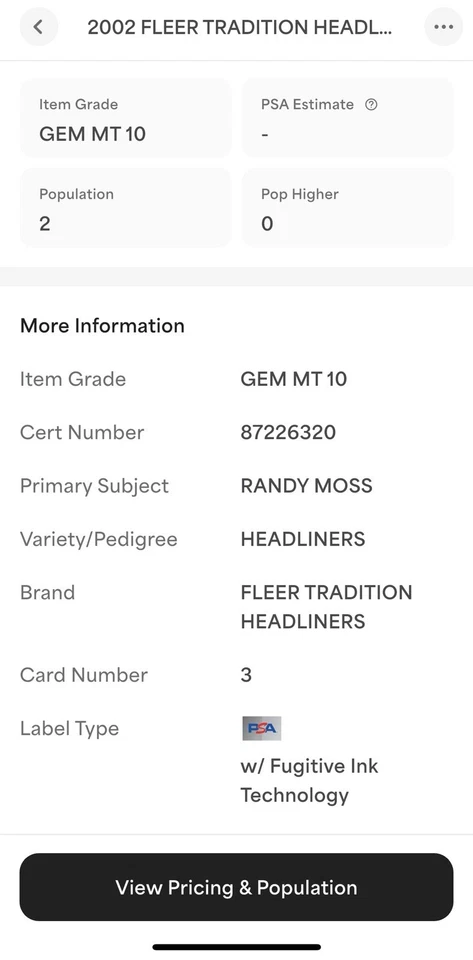 Randy Moss 2002 Fleer Tradition Headliners PSA 10 Gem Mint POP 2 - Image 3 of 3