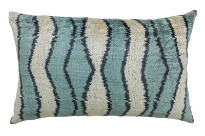 Silk Velvet Ikat Lumbar Pillow 16x24 in   Blue Gray and Ivory Quiet Luxury Decor