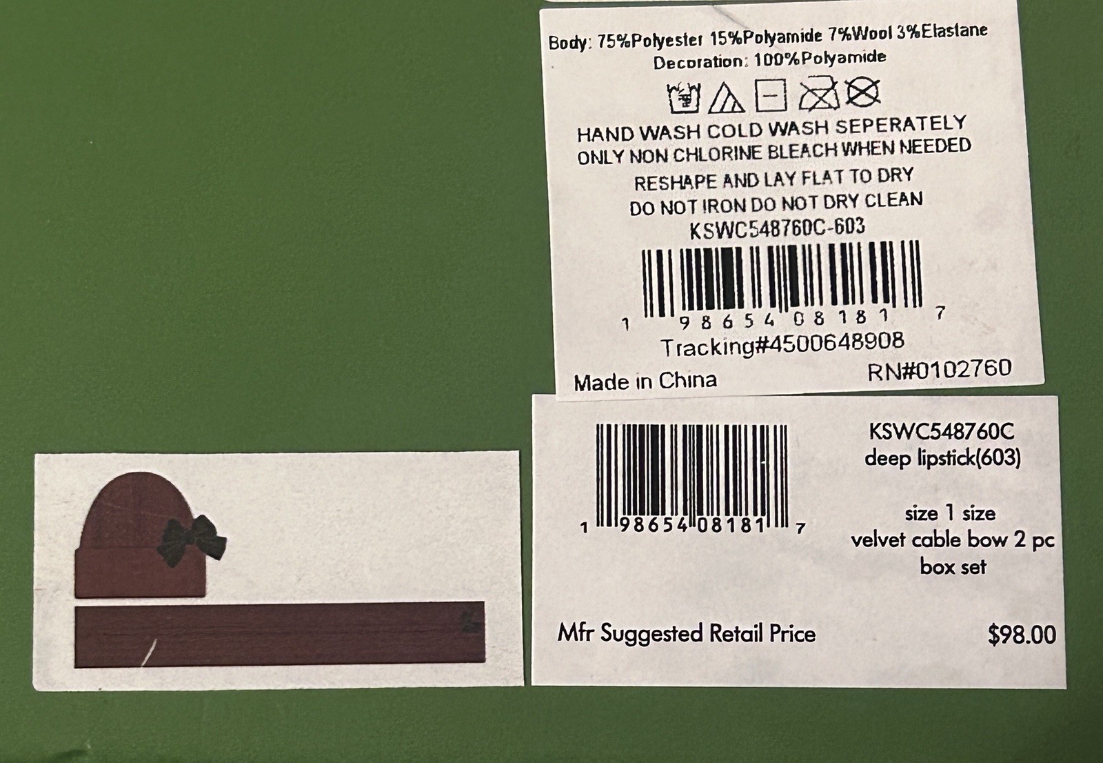 New In Box Kate Spade New York Scarf Hat Set  Berry Lipstick Black Velvet Bow thumbnail 2