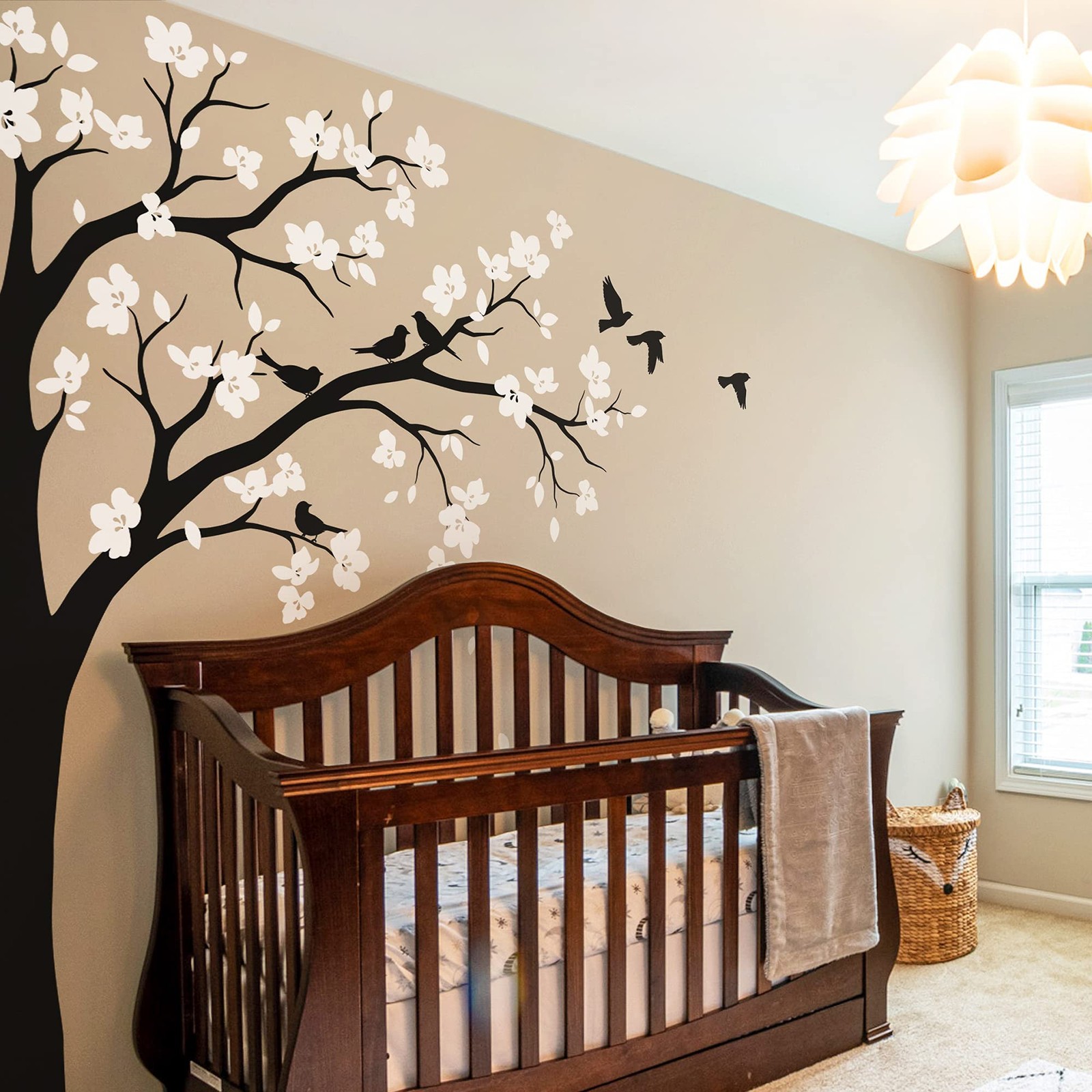 Large Corner Tree Wall Decal with Big Blossoms, Birds and Leaves Nursery Wall...