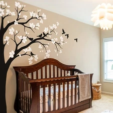 Large Corner Tree Wall Decal with Big Blossoms, Birds and Leaves Nursery Wall...