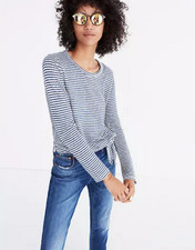 Madewell Soundcheck Tie Front Striped Tee XXS Blue White Knot Longsleeve
