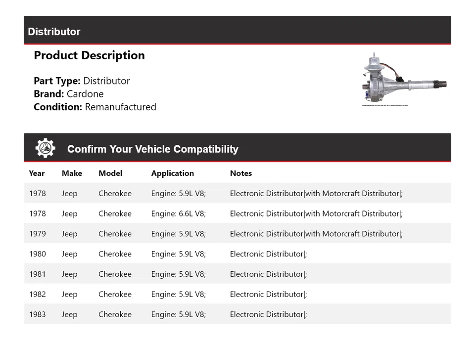 Jeep Cherokee 1978-1983 distribuidor Cardone 1979 1980 1981 1982 Foto 2 de 4