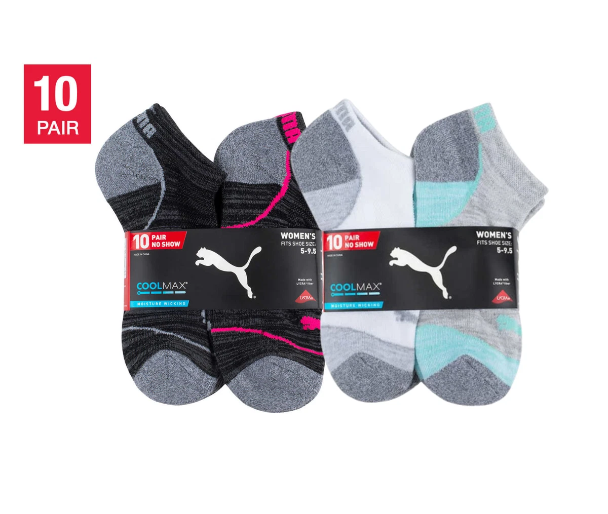 10 Pairs PUMA Low Cut Women's Socks No Show Athletic Cushioned