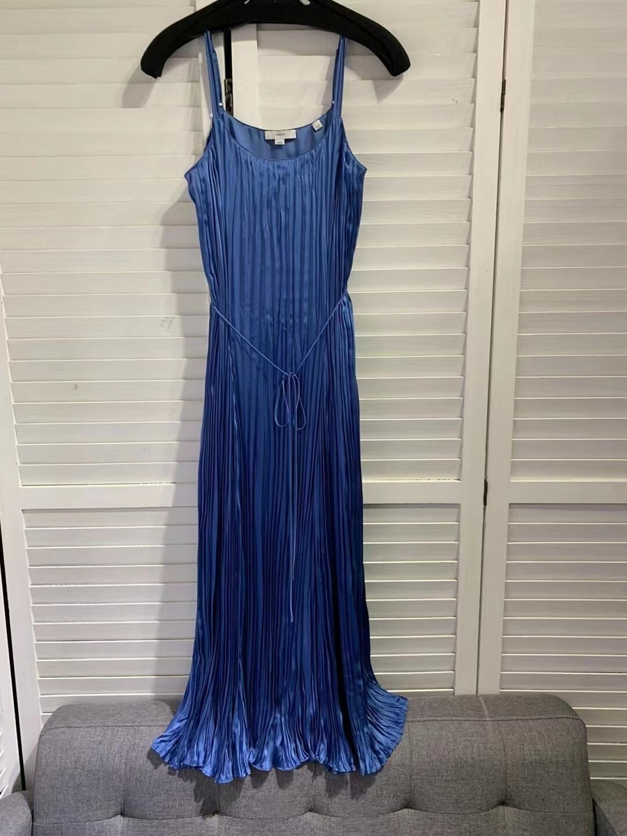 vince pleated dress blue Pleated Double V-Neck Dress in Coastal Blue