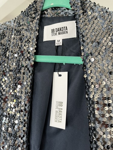 NWT BB Dakota Steve Madden Sequin Velvet Jacket Duster Party BLUE Silver Sz M - Picture 4 of 5