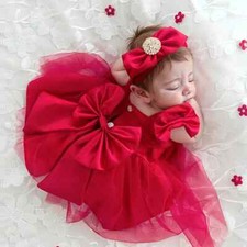 Newborn Photoshoot Outfit Baby Girl Red Big Bow Mesh Dress with Infant Props