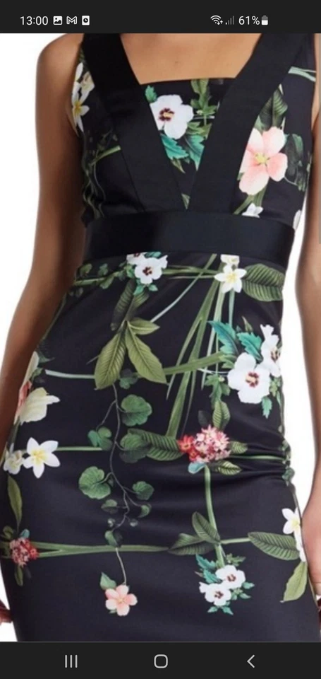 🙂 Vestido ceñido al cuerpo floral negro enrejado ceñido al cuerpo negro Ted Baker talla TB 2 UK10 Foto 2 de 4