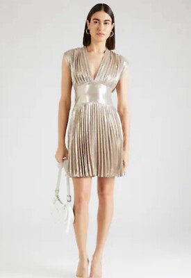 BANANA REPUBLIC $160 Women's CICI MINI DRESS, Champagne Gold Pleated Size 8