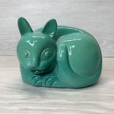 Fat Cat Ceramic/Resin Hand Made Cat Figure Green/Blue Vintage 1975 4''