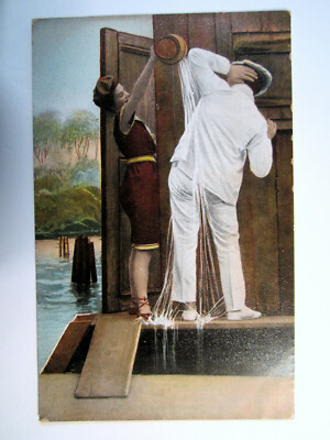 Postcard Victorian Edwardian Man Woman Outdoor Shower Advance Deny Unposted 1677
