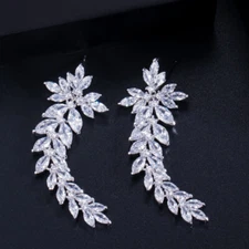 Sparkling Silver Plated Cubic Zirconia CZ Long Leaf Drop Dangle Wedding Earrings