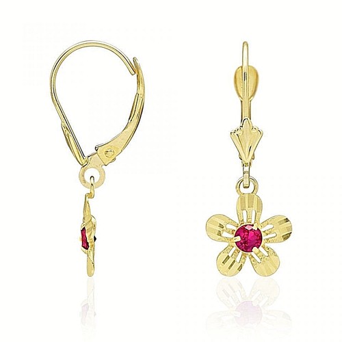 14k Yellow Gold Ruby Birthstone Diamond Cut Flower Dangle Leverback Earrings eBay