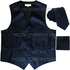 New Men's Paisley Tuxedo Vest 2.5" Skinny Necktie set Navy blue wedding formal