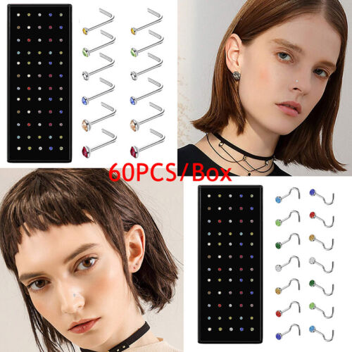 60PCS/Set Crystal Nose Stud Bend Straight L Shape Nose Ring Piercing Jewelry - Picture 1 of 17