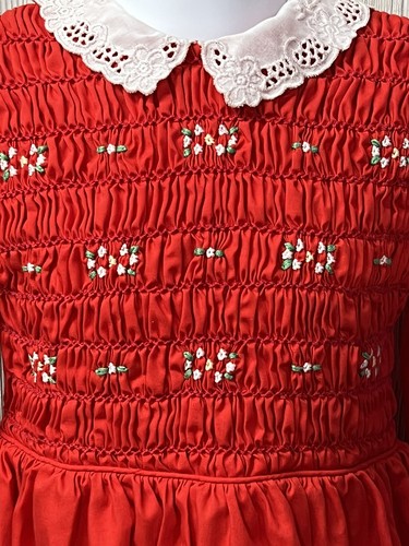 Vtg Polly Flinders Red Holiday Christmas Smocked Cottage Core Dress Small 5 - Picture 2 of 8