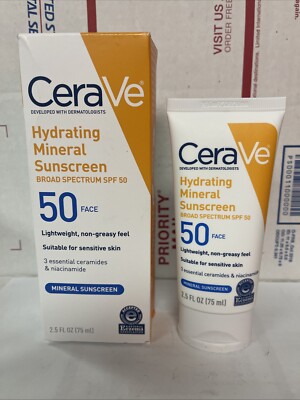 *2-Pack* CeraVe Hydrating Mineral Sunscreen SPF 50 for Face, 2.5oz, Exp 12/2027