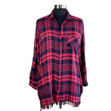 Umgee Red & Black Flannel Shirt Tunic with Fringed Hem Sz MED Oversize Casual