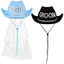 Geyoga 2 Pcs Bride Cowgirl Hat with Veil Feathers Blue  Black Bride  Groom