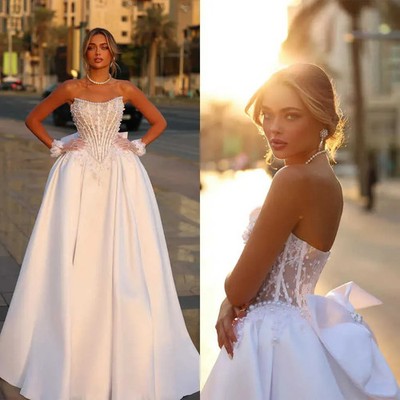  Wedding Dresses Satin Ruched Strapless Basque Waist Vintage Bridal Gowns 