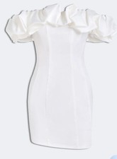 White Satin Off Shoulder Bodycon Mini Dress, Puff Short Sleeve, Ruffle