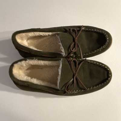J.CREW Men's Brown Leather Moccasin Slippers Faux Fur Lined Slip-On 11