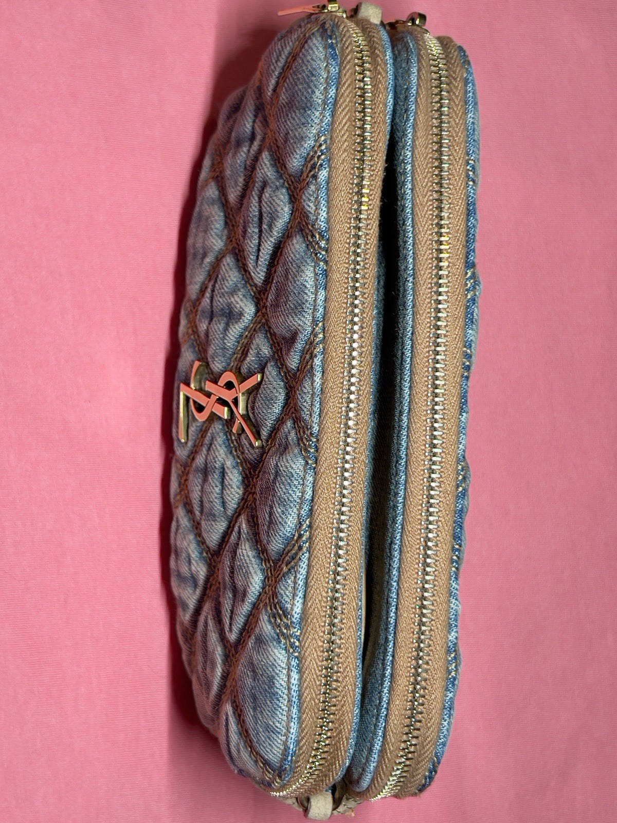 SAINT LAURENT (LOT) YSL DENIM DBL ZIP BAG QUILTED/PUFFER/BECKY/CHAIN/CROSSBODY +