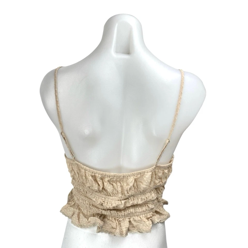 ASTR The Label Beige Sleeveless Plunging Smocked Ruffle Cami Crop Top Size S - Image 2 of 3