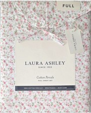 Laura Ashley White, Pink Floral, 100 Cotton Percale, FULL Sheet Set , 4 Piece
