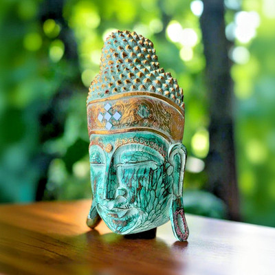 Teal Buddha Hand-Crafted Wooden Wall Mask Hand Carved Wall Decor 24  x 12''