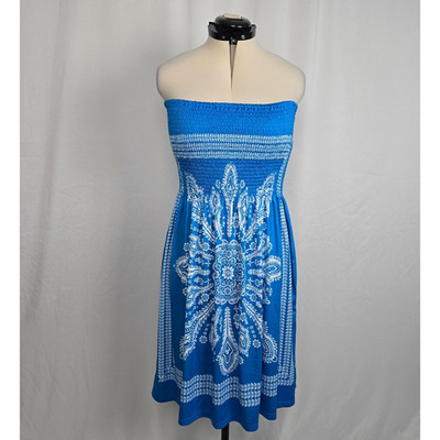 LA Class Boho Shirred Strapless Dress Women's L Blue White Knee NWT
