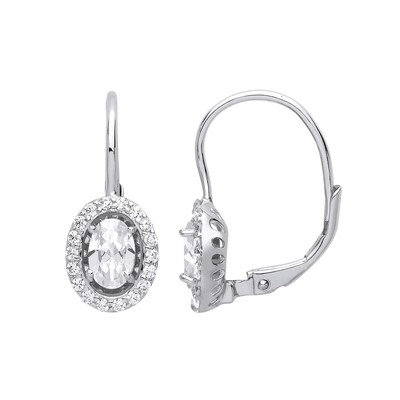925 Sterling Silver Jewelco London Oval CZ Solitaire Halo Drop Earrings