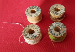 Vintage Lot of 4 Woolworth's Woolco Wood Bobbins w/ Pure Dye Silk Thread
