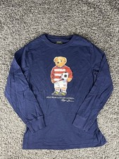 Polo Ralph Lauren Boys Long Sleeve T Shirt Navy Blue Polo Bear Soccer M 10-12