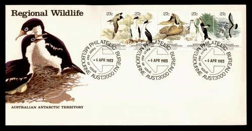 DR WHO 1983 AUSTRALIAN ANTARCTIC TERRITORY FDC WILDLIFE CACHET STRIP M66710