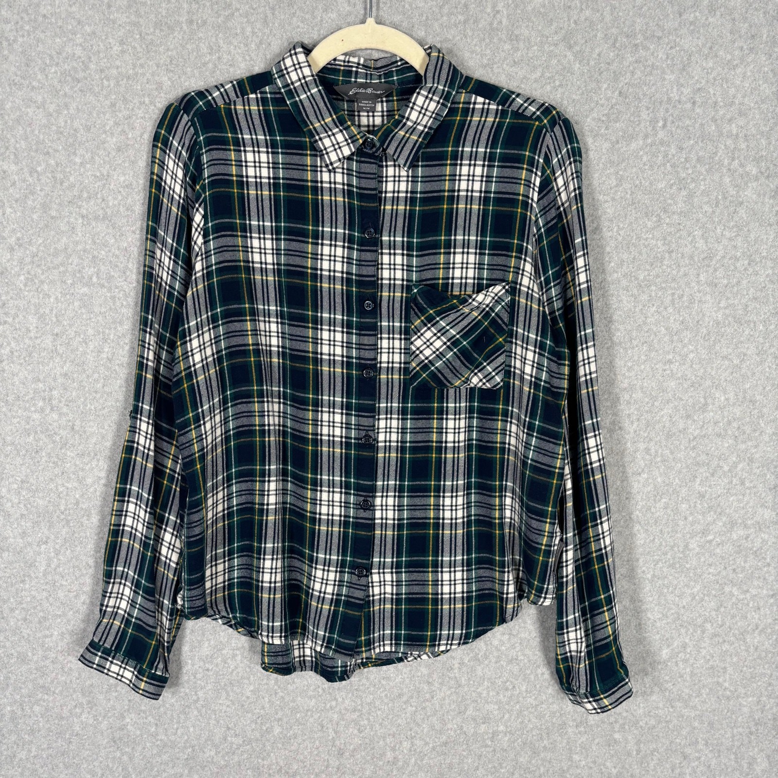 Eddie Bauer Shirt Medium Green Blue Tartan Button Casual GORP Hiking Camping