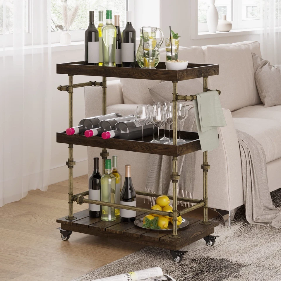 Industrial Bar Cart, 3-Tier Serving Cart Creates with Solid Wood - Image 2 of 4